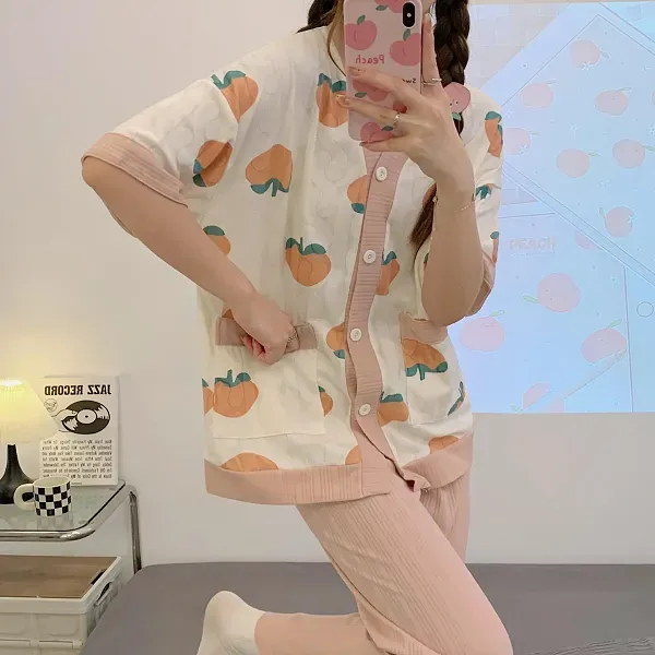 Thumbnail of Cute Peach Print Button-Up Top Sleepwear Pajama Set