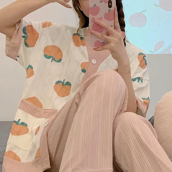 Cute Peach Print Button-Up Top Sleepwear Pajama Set