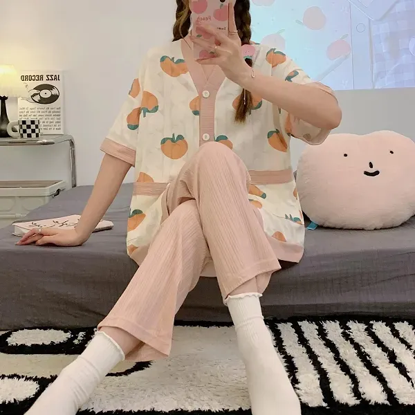 Thumbnail of Cute Peach Print Button-Up Top Sleepwear Pajama Set