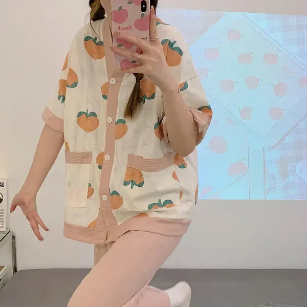 Cute Peach Print Button-Up Top Sleepwear Pajama Set