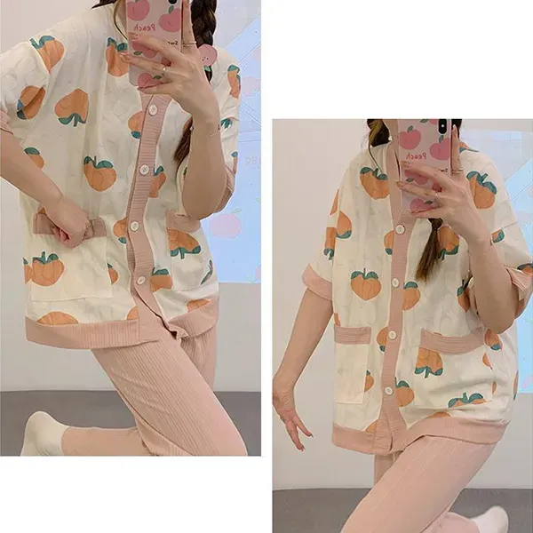 Cute Peach Print Button-Up Top Sleepwear Pajama Set