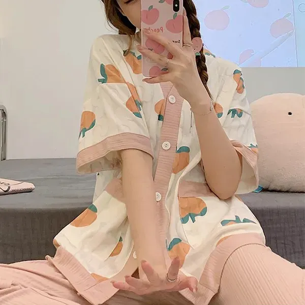 Thumbnail of Cute Peach Print Button-Up Top Sleepwear Pajama Set