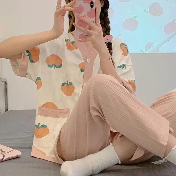 Cute Peach Print Button-Up Top Sleepwear Pajama Set