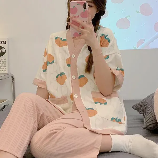 Thumbnail of Cute Peach Print Button-Up Top Sleepwear Pajama Set