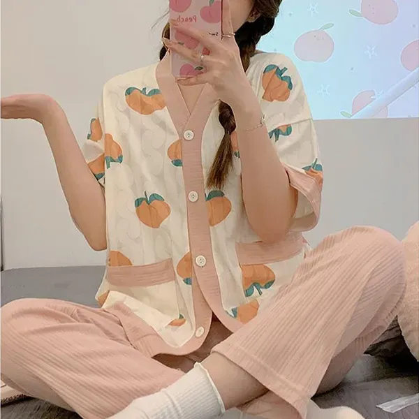 Cute Peach Print Button-Up Top Sleepwear Pajama Set
