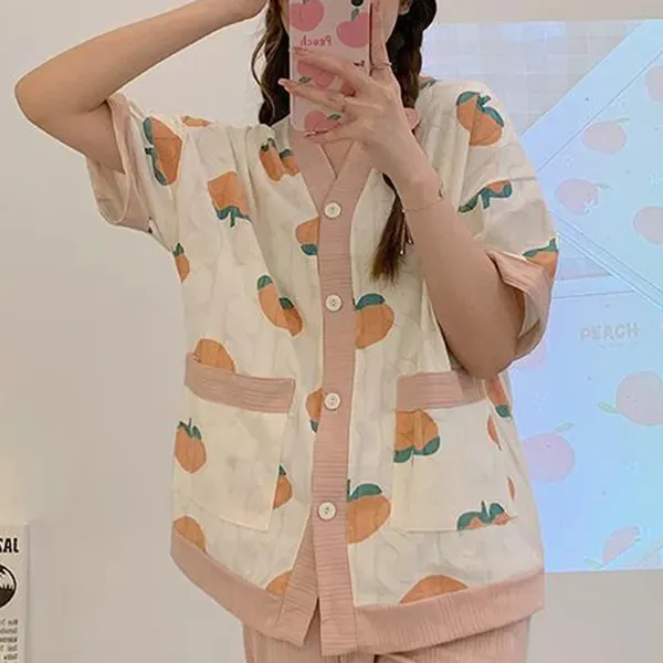 Cute Peach Print Button-Up Top Sleepwear Pajama Set
