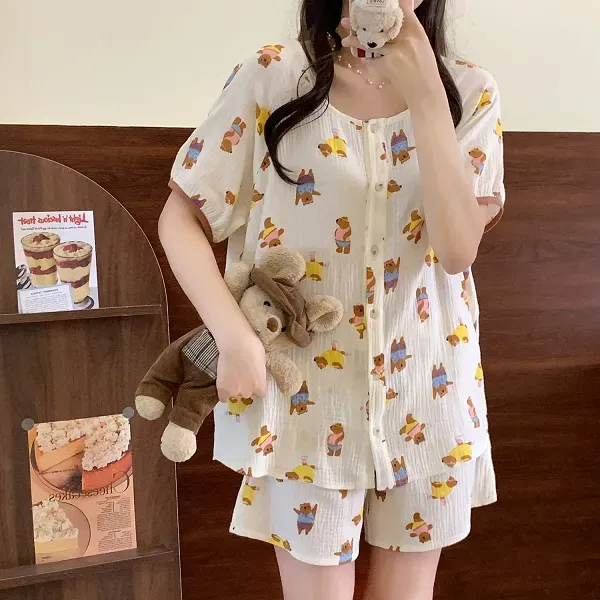 Thumbnail of Cute Teddy Bear Print Pajama Shorts Set | Dorbe UAE
