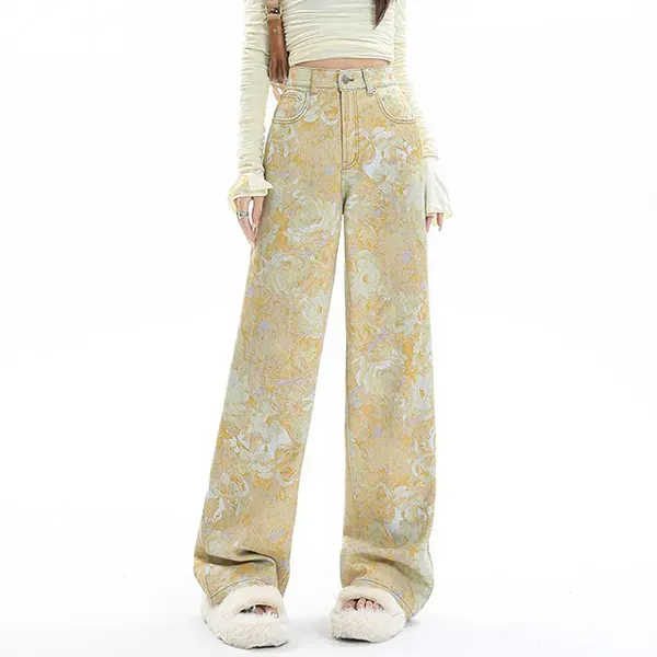 Yellow Floral Print Wide Leg Jeans