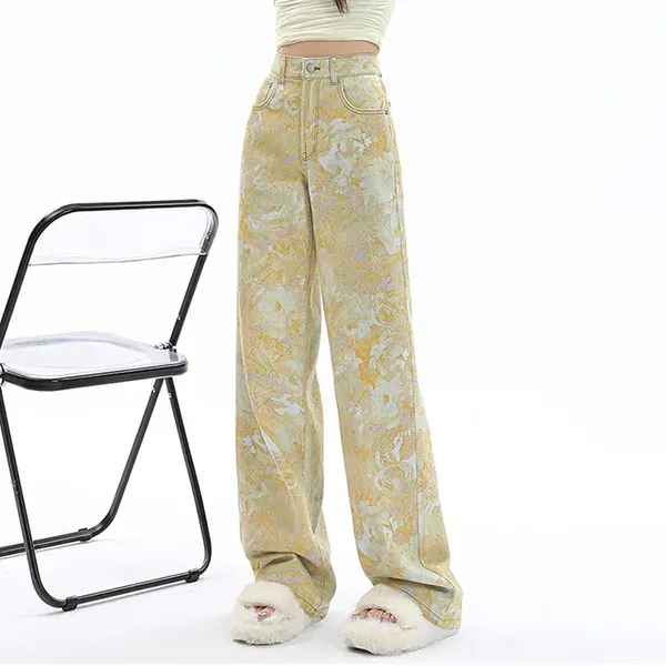Yellow Floral Print Wide Leg Jeans