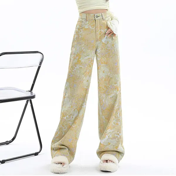 Yellow Floral Print Wide Leg Jeans