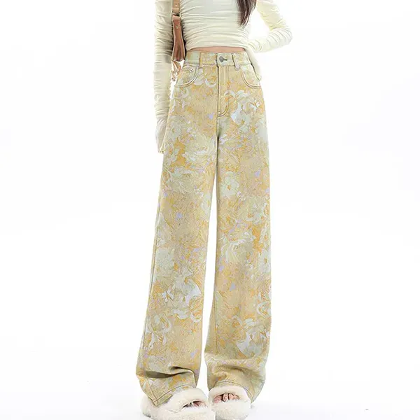Yellow Floral Print Wide Leg Jeans