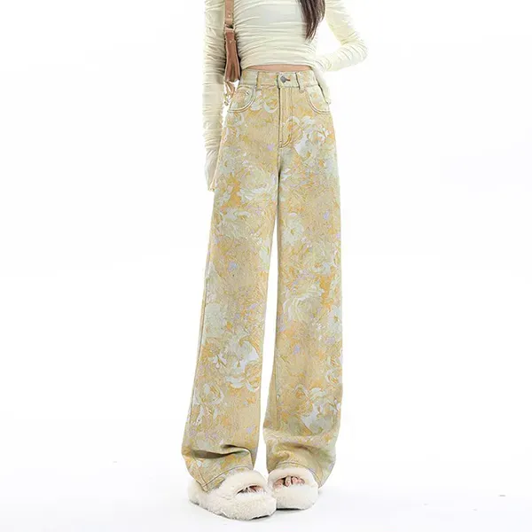 Yellow Floral Print Wide Leg Jeans