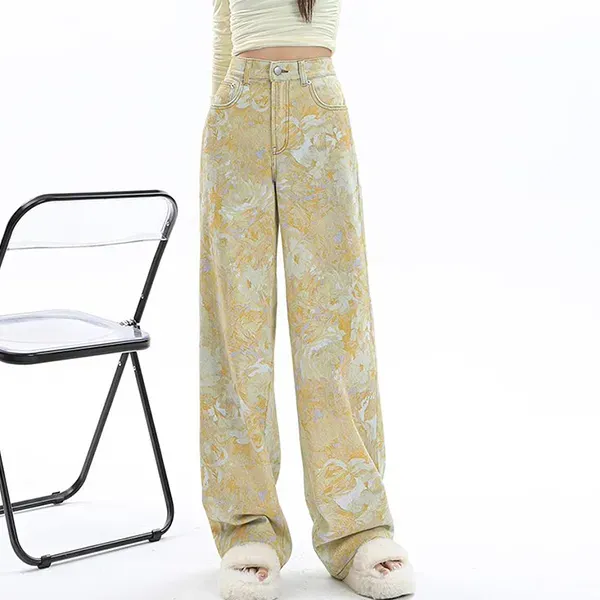 Yellow Floral Print Wide Leg Jeans