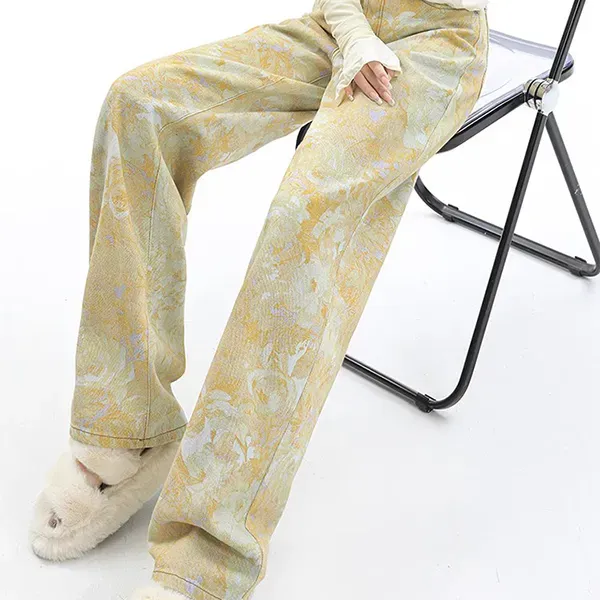 Yellow Floral Print Wide Leg Jeans