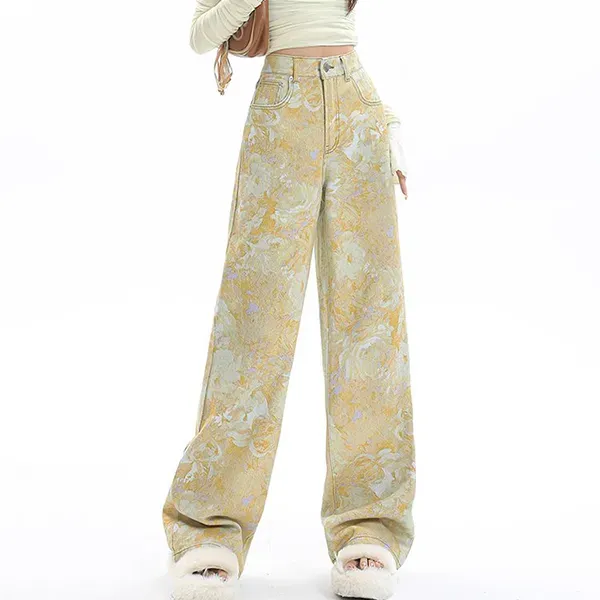 Yellow Floral Print Wide Leg Jeans