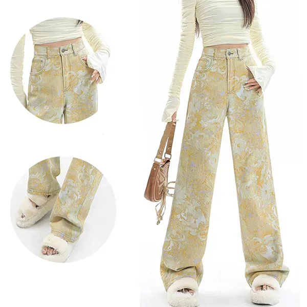 Yellow Floral Print Wide Leg Jeans