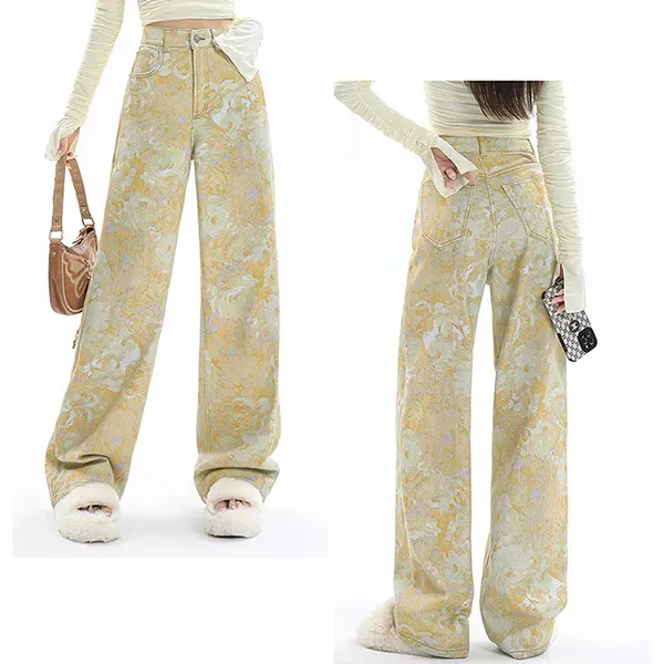Yellow Floral Print Wide Leg Jeans