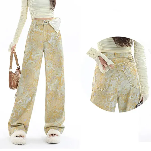 Yellow Floral Print Wide Leg Jeans
