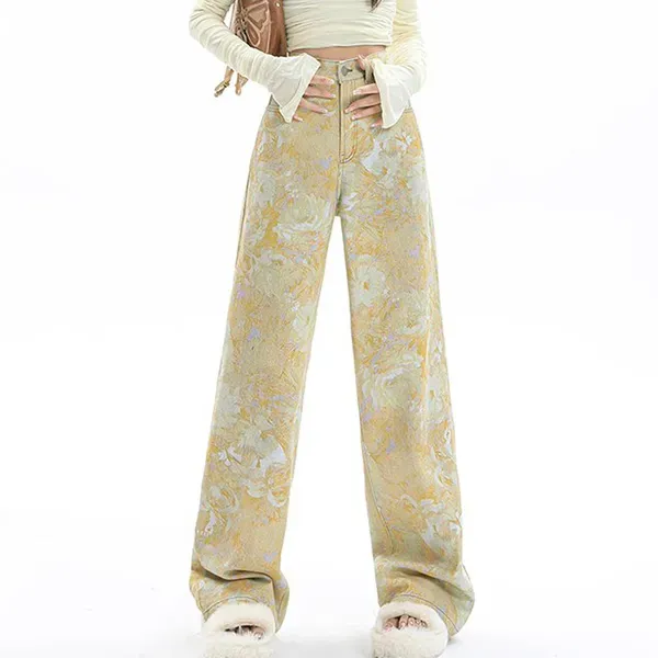 Yellow Floral Print Wide Leg Jeans