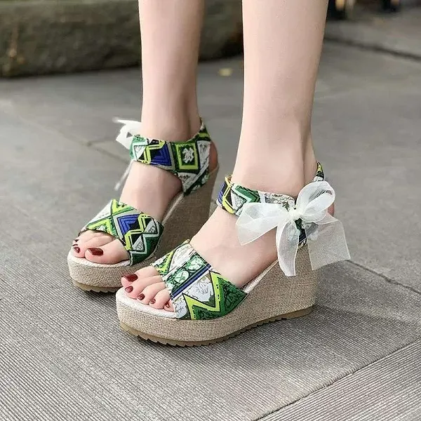 Bohemian Women's Korean Style Peep Toe Bow Knot Wedge Sandals