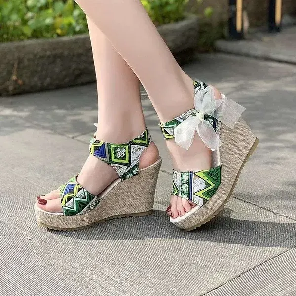 Bohemian Women's Korean Style Peep Toe Bow Knot Wedge Sandals