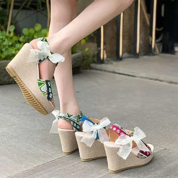 Bohemian Women's Korean Style Peep Toe Bow Knot Wedge Sandals
