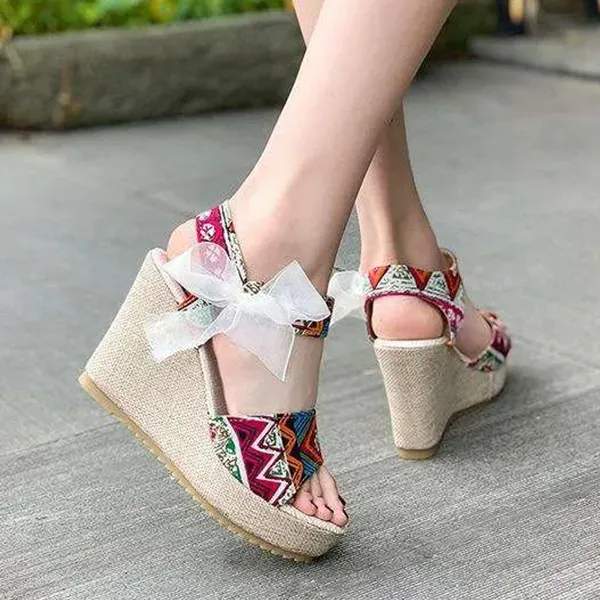 Bohemian Women's Korean Style Peep Toe Bow Knot Wedge Sandals