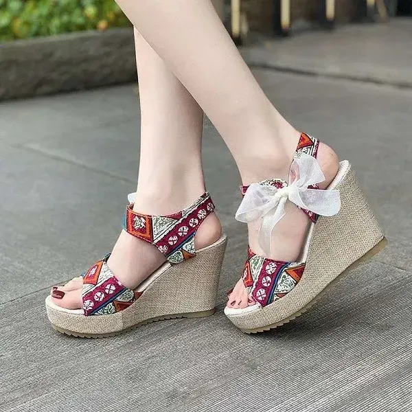 Bohemian Women's Korean Style Peep Toe Bow Knot Wedge Sandals