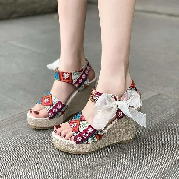 Bohemian Women's Korean Style Peep Toe Bow Knot Wedge Sandals