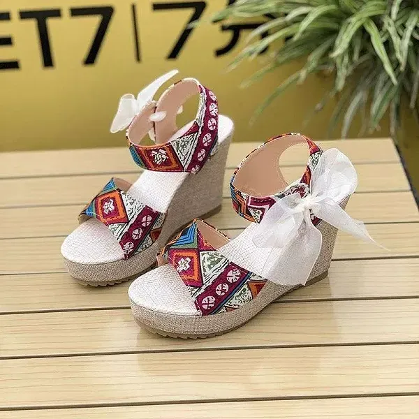 Bohemian Women's Korean Style Peep Toe Bow Knot Wedge Sandals