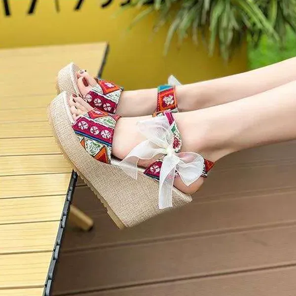 Bohemian Women's Korean Style Peep Toe Bow Knot Wedge Sandals