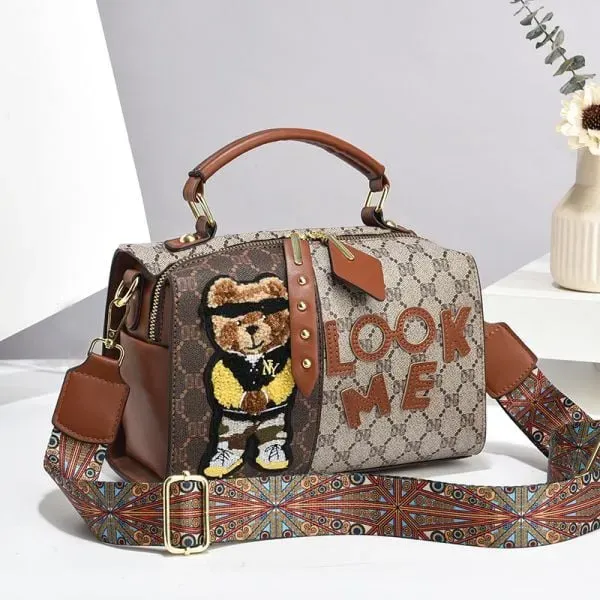 صورة مصغرة لـ Cartoon Bear Adjustable Strap Zipper Pillow Style Women Designer Handbag