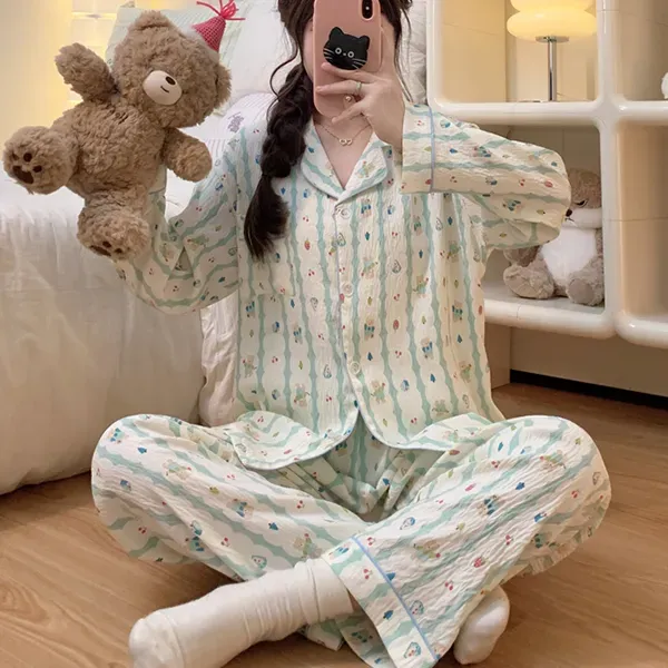 Cute Striped Cartoon Pajama Set | Cotton Sleep Nightwear