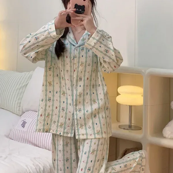 Cute Striped Cartoon Pajama Set | Cotton Sleep Nightwear