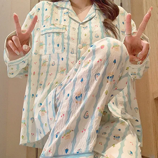 Thumbnail of Cute Striped Cartoon Pajama Set | Cotton Sleep Nightwear