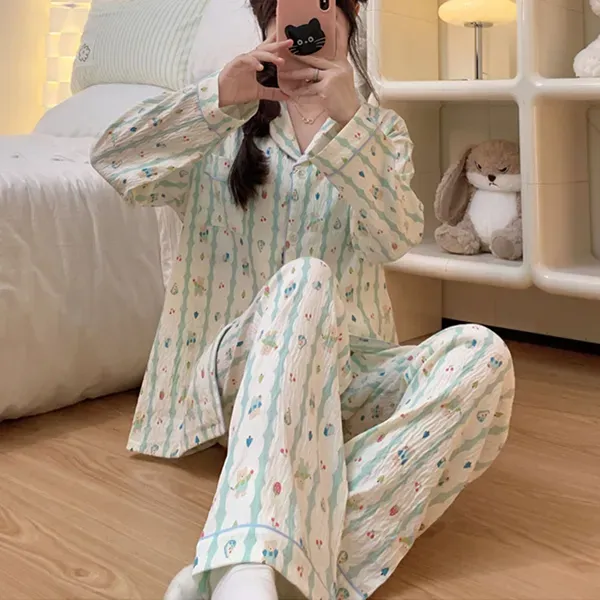 Cute Striped Cartoon Pajama Set | Cotton Sleep Nightwear