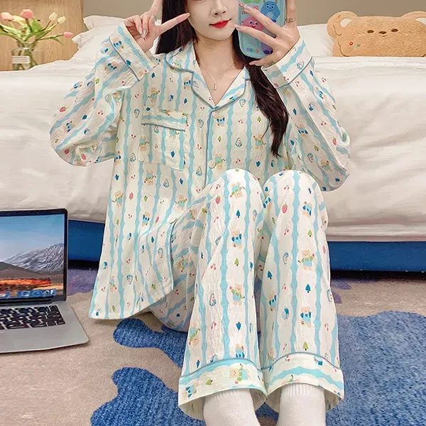 Cute Striped Cartoon Pajama Set | Cotton Sleep Nightwear