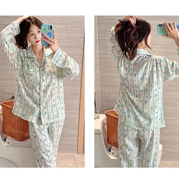 Thumbnail of Cute Striped Cartoon Pajama Set | Cotton Sleep Nightwear