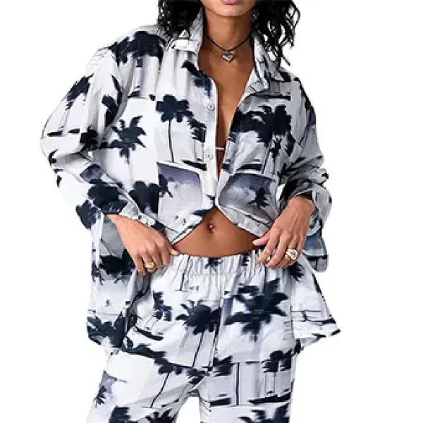 Thumbnail of Tropical Tree Print Button-Up Shirt Wide-Leg Lounge Pants Two-Piece Set
