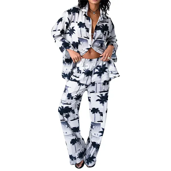 Tropical Tree Print Button-Up Shirt Wide-Leg Lounge Pants Two-Piece Set