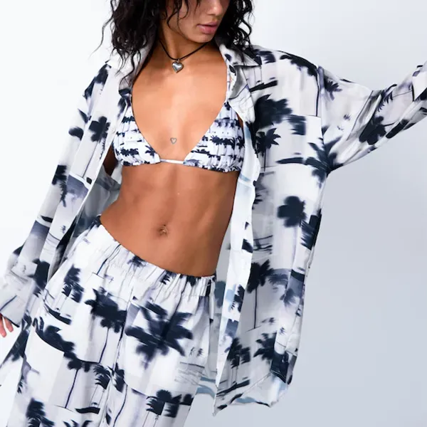 Thumbnail of Tropical Tree Print Button-Up Shirt Wide-Leg Lounge Pants Two-Piece Set