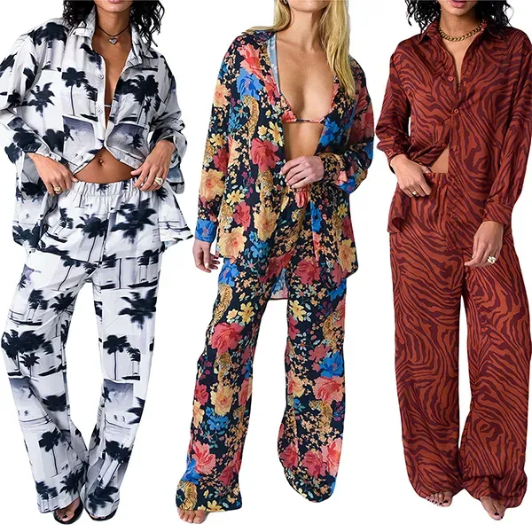 Tropical Tree Print Button-Up Shirt Wide-Leg Lounge Pants Two-Piece Set
