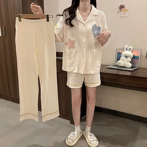 Women's 3-Piece Heart & Star Pajama Set | Dorbe UAE