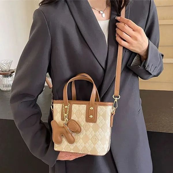 Quilted Mini Handbag with Cute Puppy Charm Keychain