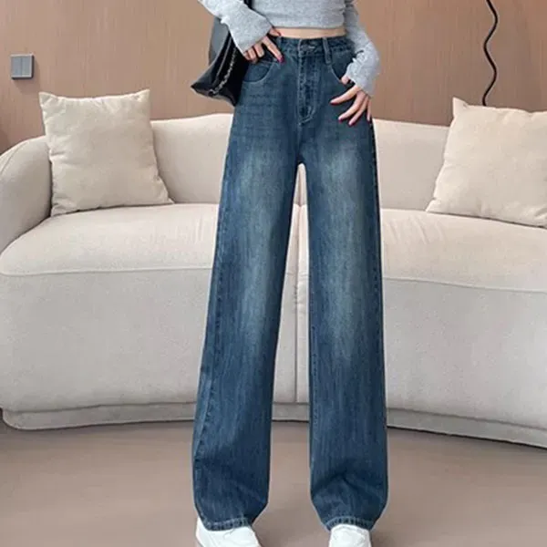 Women's High-Waisted Button Closure Wide-Leg Denim Jeans