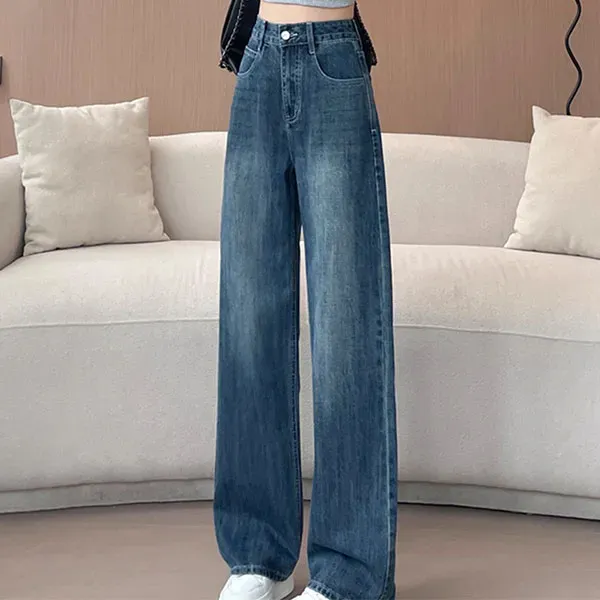 Women's High-Waisted Button Closure Wide-Leg Denim Jeans