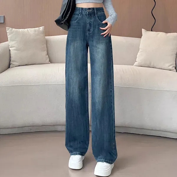 Women's High-Waisted Button Closure Wide-Leg Denim Jeans