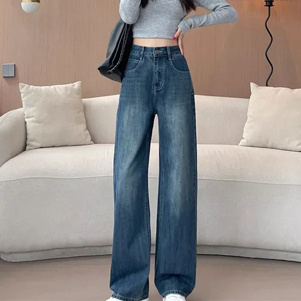 Women's High-Waisted Button Closure Wide-Leg Denim Jeans