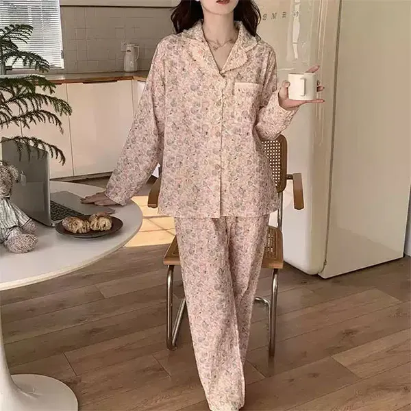 Floral Cotton Button-Up Top High Waist Pant Two Piece Pajama Set