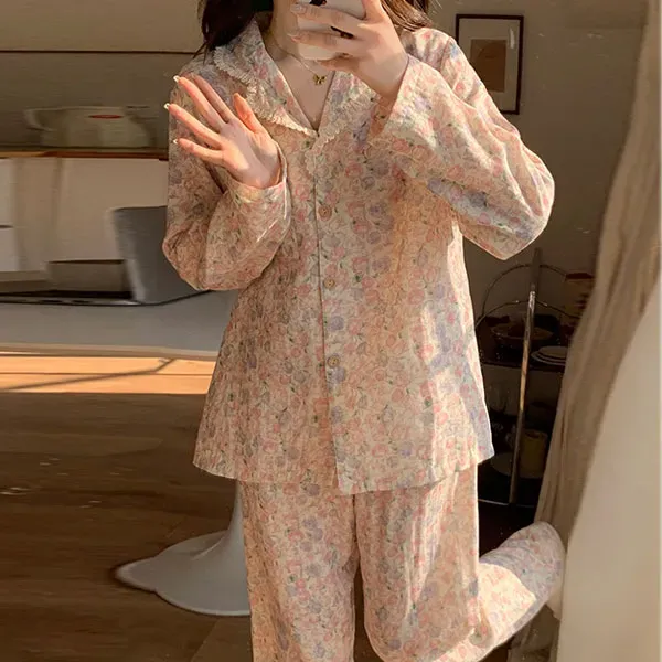 Thumbnail of Floral Cotton Button-Up Top High Waist Pant Two Piece Pajama Set